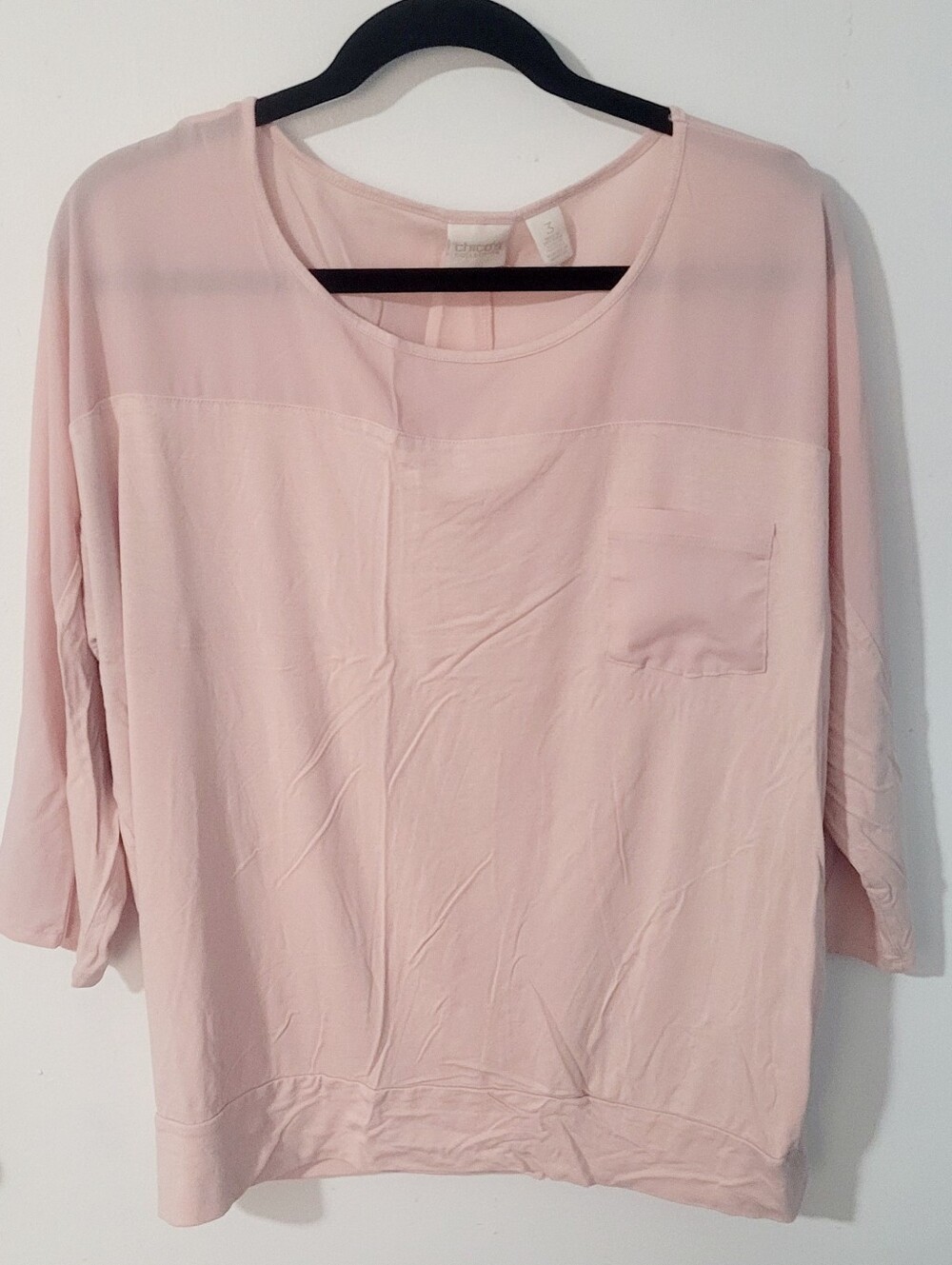 Chico's Sz. 3 Pink Long Sleeve Blouse Top Round Neck Pocket Spandex